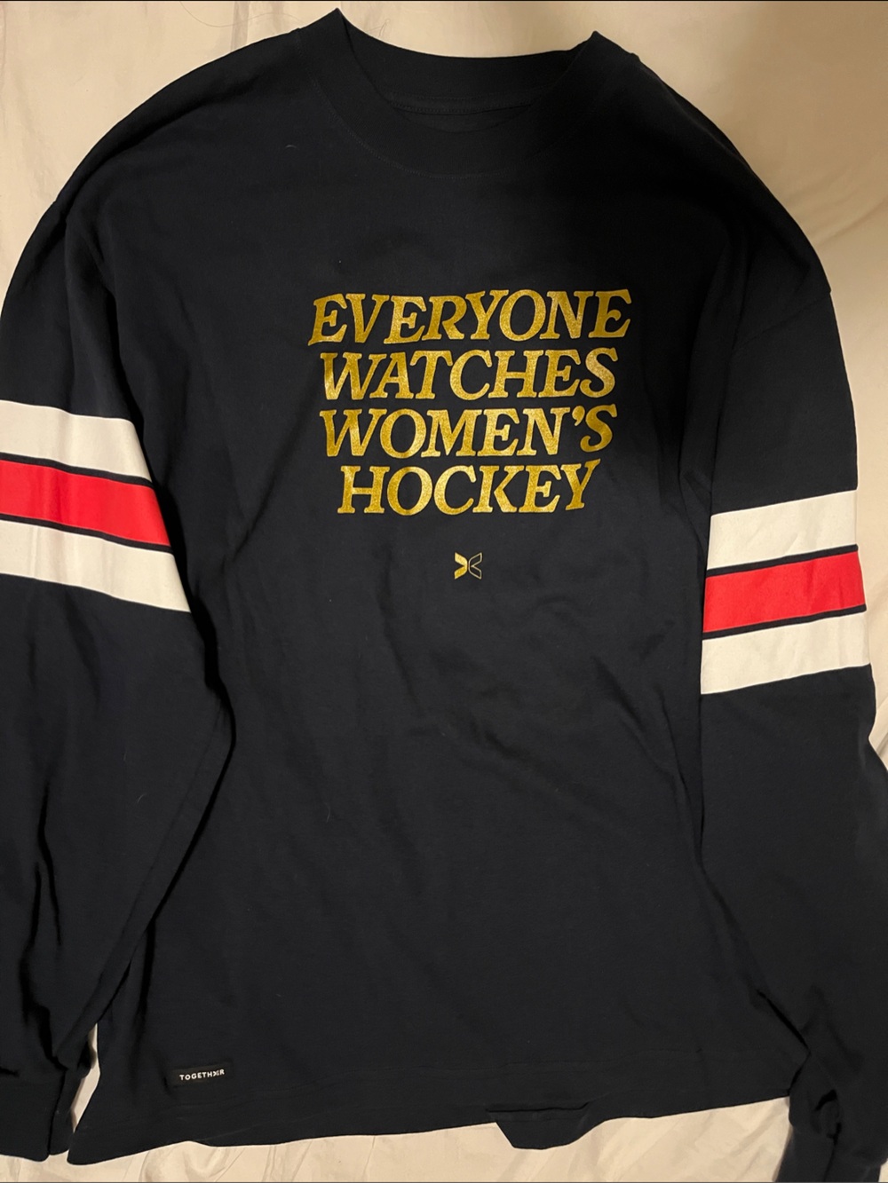 Together Navy Long Sleeve USA Women’s Hockey Tee with Red & White Sleeve Stripes